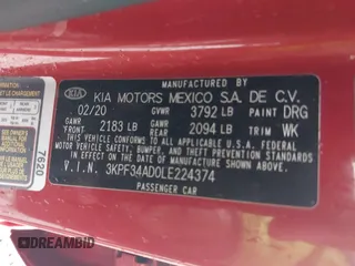 2020 Kia Forte GT-Line with VIN 3KPF34AD0LE224374, listed as a IAAI auction lot 41053534 with 51,441 mi miles. Bid and sale history available at carsss.com. Image 9.