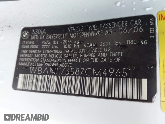 2007 BMW 5 Series 530i with VIN WBANE73587CM49651, listed as a IAAI auction lot 41901010 with 146,053 mi miles. Bid and sale history available at carsss.com. Image 9.