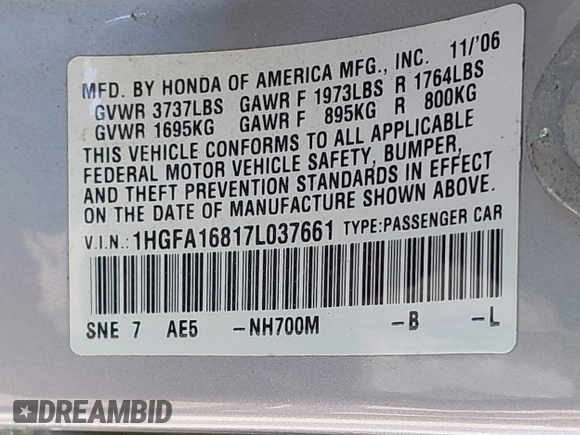 2007 Honda Civic EX with VIN 1HGFA16817L037661, listed as a IAAI auction lot 42136893 with 208,613 mi miles and . Bid and sale history available at DreamBid. Image 9.