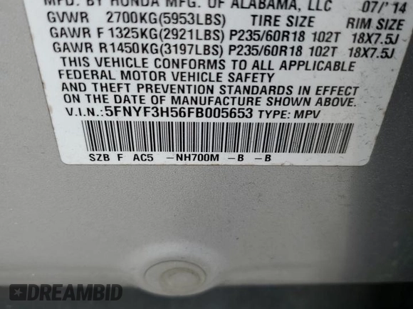 2015 Honda Pilot EX-L z VIN 5FNYF3H56FB005653, wystawiony jako Copart lot #51782155 z przebiegiem 156 247 mil mil oraz Szkoda całkowita • Salvage title. Historia ofert i sprzedaży dostępna na DreamBid. Obrazek 14.