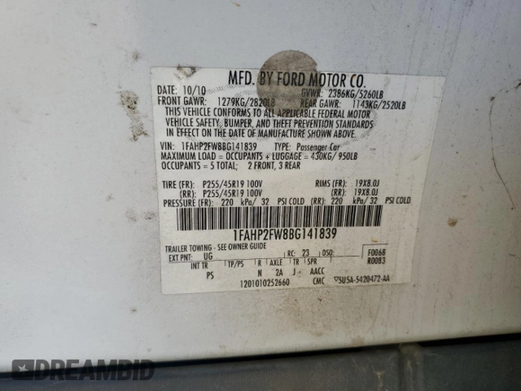 2011 Ford Taurus Limited with VIN 1FAHP2FW8BG141839, listed as a Copart auction lot 56594285 with 121,236 mi miles and Salvage title. Bid and sale history available at DreamBid. Image 13.