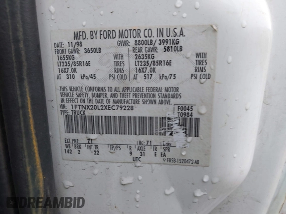1999 Ford F-250 XL с VIN 1FTNX20L2XEC79228, выставлен на аукционе IAAI как лот 40369897 с пробегом 256 289 миль миль и . История ставок и продаж доступна на DreamBid. Изображение 9.