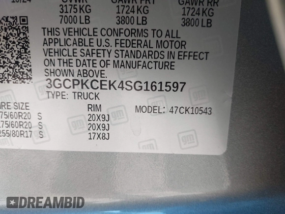 2025 Chevrolet Silverado 1500 with VIN 3GCPKCEK4SG161597, listed as a IAAI auction lot 41833048 with 852 mi miles and . Bid and sale history available at DreamBid. Image 9.