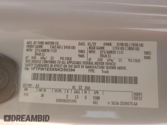 2022 Ford F-150 XL with VIN 1FTFW1E5XNKD50394, listed as a Copart auction lot 51758295 with Not provided miles and Salvage title. Bid and sale history available at DreamBid. Image 12.