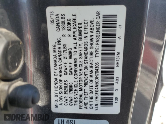 2013 Honda Civic Si z VIN 2HGFG4A50DH704306, wystawiony jako Copart lot #53569955 z przebiegiem 166 444 mil mil oraz Szkoda całkowita • Salvage title. Historia ofert i sprzedaży dostępna na DreamBid. Obrazek 12.