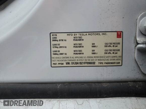 2015 Tesla Model S 85D with VIN 5YJSA1S21FF096032, listed as a Copart auction lot 80075234 with Not Provided miles and Clean Title. Bid and sale history available at carsss.com. Image 12.