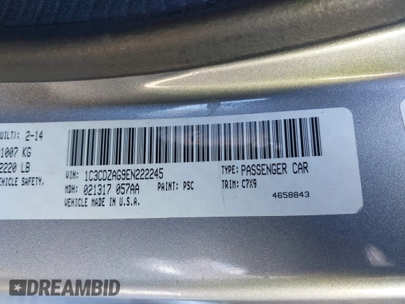2014 Dodge Avenger SE with VIN 1C3CDZAG9EN222245, listed as a IAAI auction lot 41624596 with 123,890 mi miles and . Bid and sale history available at DreamBid. Image 9.