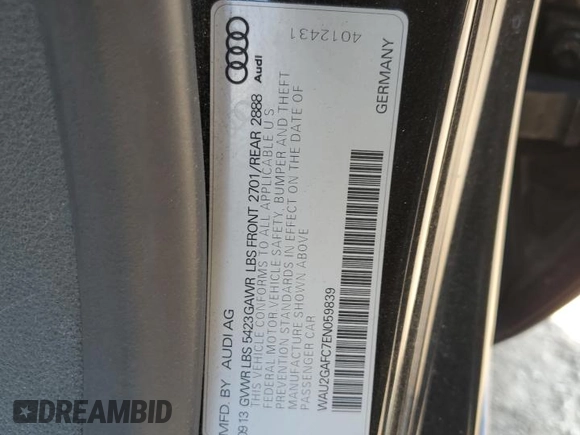 2014 Audi A7 Prestige with VIN WAU2GAFC7EN059839, listed as a Copart auction lot 63043225 with 66,632 mi miles and Salvage title. Bid and sale history available at DreamBid. Image 13.