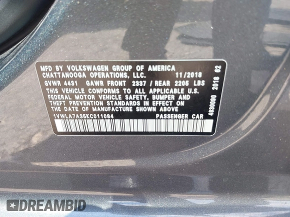 2019 Volkswagen Passat 2.0T Wolfsburg Edition with VIN 1VWLA7A35KC011084, listed as a IAAI auction lot 40385111 with 81,119 mi miles. Bid and sale history available at carsss.com. Image 9.