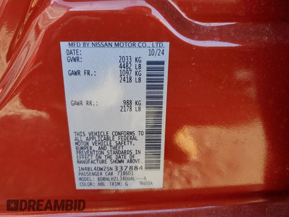 2025 Nissan Altima SV with VIN 1N4BL4DW2SN337884, listed as a Copart auction lot 43605065 with 726 mi miles and Salvage Title. Bid and sale history available at DreamBid. Image 12.