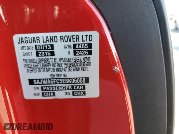 2014 Jaguar F-Type S with VIN SAJWA6FC5E8K06050, listed as a Copart auction lot 85568504 with 98,881 mi miles and Clean Title. Bid and sale history available at DreamBid. Image 12.