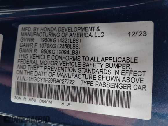 2024 Honda Accord EX with VIN 1HGCY1F39RA027722, listed as a IAAI auction lot 42480196 with 2,748 mi miles and . Bid and sale history available at DreamBid. Image 9.