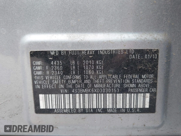 2013 Subaru Legacy Limited with VIN 4S3BMBK6XD3030153, listed as a IAAI auction lot 42280145 with 76,249 mi miles and . Bid and sale history available at DreamBid. Image 9.