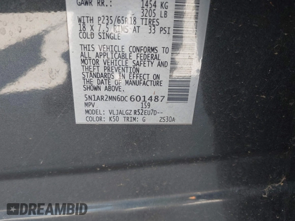 2013 Nissan Pathfinder SL with VIN 5N1AR2MN6DC601487, listed as a IAAI auction lot 42223152 with 229,947 mi miles and . Bid and sale history available at DreamBid. Image 9.