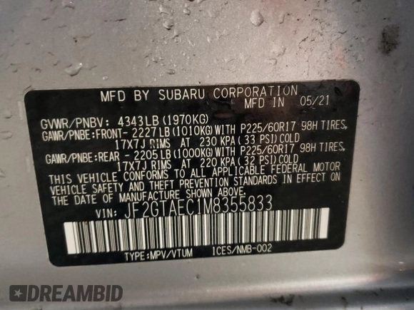 2021 Subaru Crosstrek Premium with VIN JF2GTAEC1M8355833, listed as a Copart auction lot 51270205 with 13,718 mi miles and Salvage title. Bid and sale history available at DreamBid. Image 13.