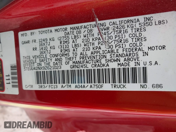 2009 Toyota Tacoma with VIN 5TEUU42NX9Z621023, listed as a IAAI auction lot 41551409 with 161,486 mi miles. Bid and sale history available at carsss.com. Image 9.