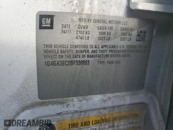 2011 Buick LaCrosse CX с VIN 1G4GA5EC2BF338863, выставлен на аукционе Copart как лот 53226965 с пробегом 114 853 миль миль и Списание • Salvage title. История ставок и продаж доступна на DreamBid. Изображение 12.