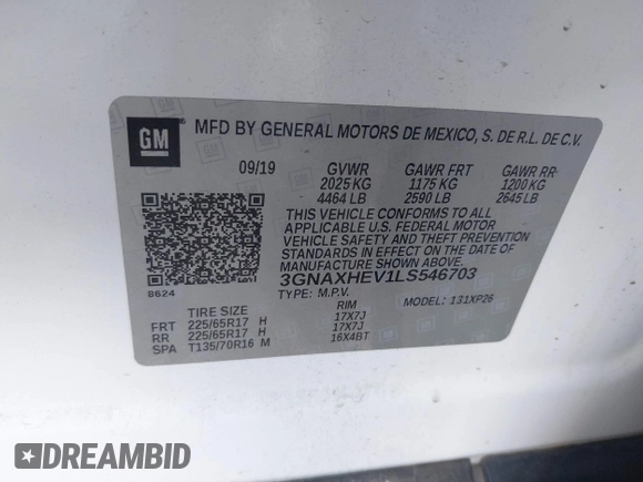 2020 Chevrolet Equinox LS with VIN 3GNAXHEV1LS546703, listed as a IAAI auction lot 41760071 with 68,000 mi miles and . Bid and sale history available at DreamBid. Image 9.