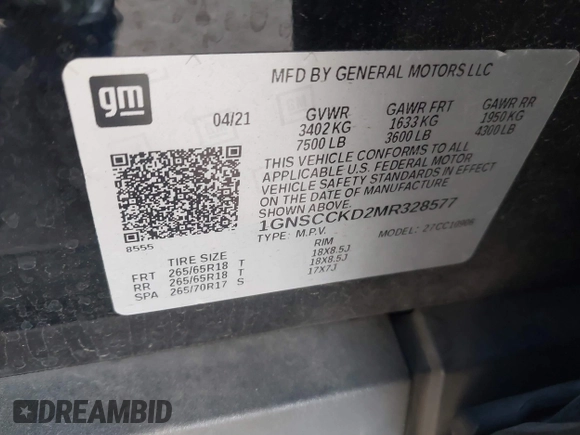 2021 Chevrolet Suburban LT z VIN 1GNSCCKD2MR328577, wystawiony jako IAAI lot #41478279 z przebiegiem 128 060 mil mil oraz . Historia ofert i sprzedaży dostępna na DreamBid. Obrazek 9.