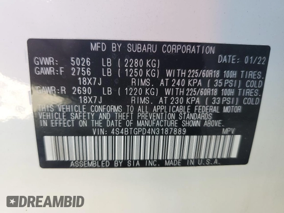 2022 Subaru Outback Touring XT with VIN 4S4BTGPD4N3187889, listed as a Copart auction lot 48377005 with 19,109 mi miles and Salvage title. Bid and sale history available at DreamBid. Image 13.