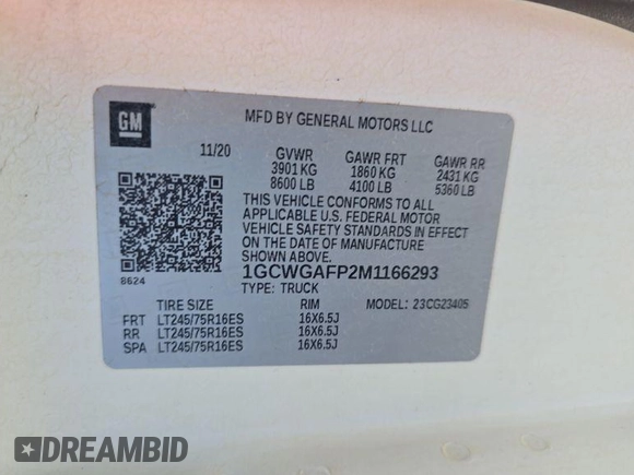 2021 Chevrolet Express Cargo with VIN 1GCWGAFP2M1166293, listed as a IAAI auction lot 42621193 with 116,410 mi miles and . Bid and sale history available at DreamBid. Image 7.