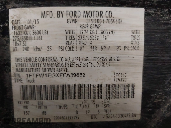 2015 Ford F-150 XLT w/HD Payload Pkg with VIN 1FTFW1EGXFFA39852, listed as a IAAI auction lot 41769971 with 163,929 mi miles. Bid and sale history available at carsss.com. Image 9.