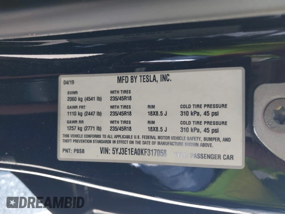 2019 Tesla Model 3 Mid Range with VIN 5YJ3E1EA0KF317058, listed as a IAAI auction lot 42025195 with 108,771 mi miles. Bid and sale history available at carsss.com. Image 9.