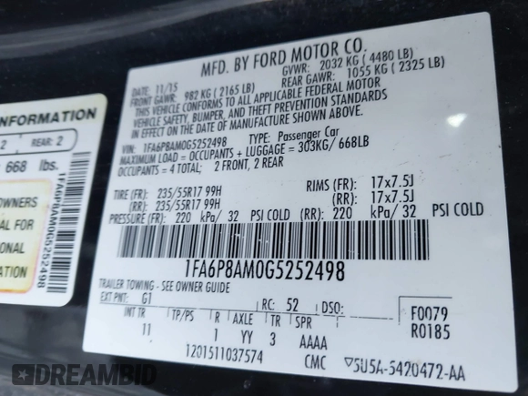 2016 Ford Mustang V6 with VIN 1FA6P8AM0G5252498, listed as a IAAI auction lot 41530307 with 119,737 mi miles and . Bid and sale history available at carsss.com. Image 9.
