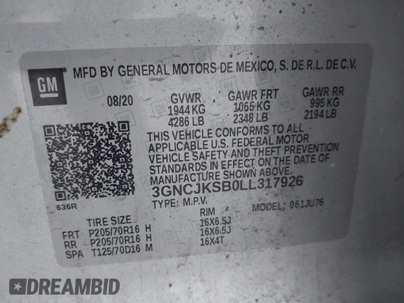 2020 Chevrolet Trax LS with VIN 3GNCJKSB0LL317926, listed as a IAAI auction lot 41802701 with 58,569 mi miles. Bid and sale history available at carsss.com. Image 9.