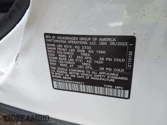 2022 Volkswagen Atlas 3.6L V6 SEL R-Line with VIN 1V2AR2CA5NC548221, listed as a IAAI auction lot 41781601 with 36,922 mi miles. Bid and sale history available at carsss.com. Image 9.