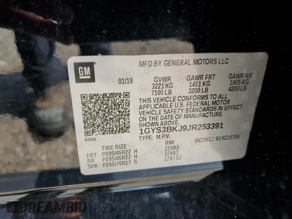 2018 Cadillac Escalade Luxury with VIN 1GYS3BKJ9JR253391, listed as a Copart auction lot 57658795 with Not provided miles and Salvage title. Bid and sale history available at DreamBid. Image 13.