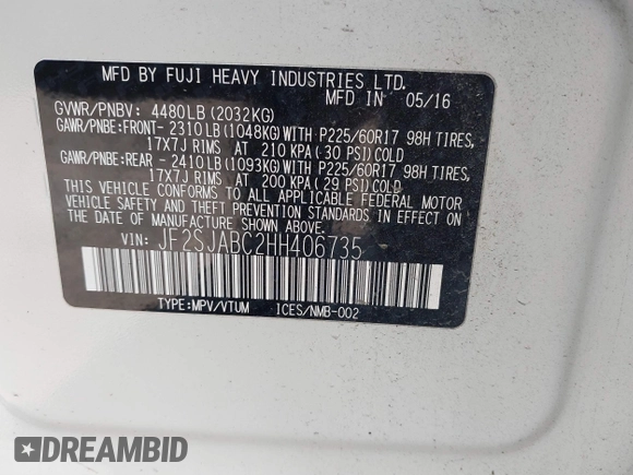 2017 Subaru Forester with VIN JF2SJABC2HH406735, listed as a IAAI auction lot 41869995 with 141,456 mi miles and . Bid and sale history available at DreamBid. Image 9.