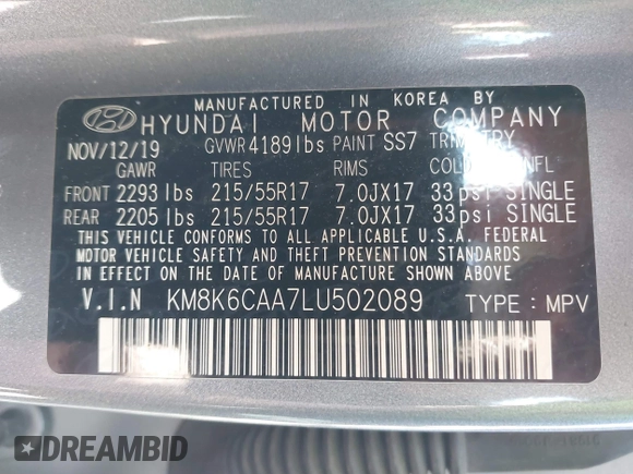 2020 Hyundai Kona SEL Plus with VIN KM8K6CAA7LU502089, listed as a IAAI auction lot 41753825 with 106,727 mi miles and . Bid and sale history available at carsss.com. Image 9.