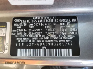 2017 Kia Sorento LX with VIN 5XYPGDA39HG281747, listed as a Copart auction lot 50383305 with 96,656 mi miles and Clean Title. Bid and sale history available at DreamBid. Image 13.