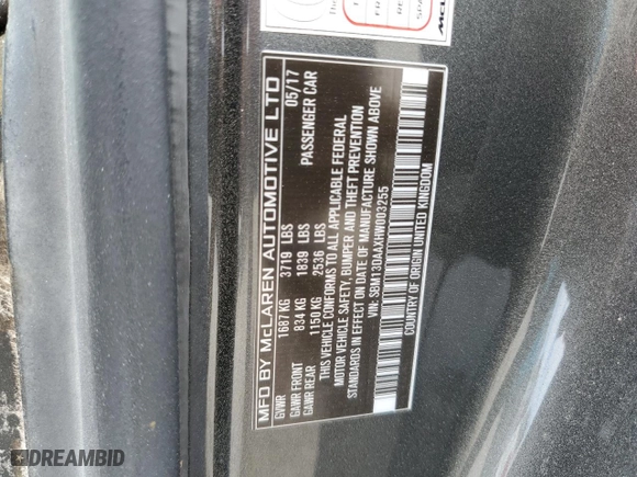 2017 McLaren 570S with VIN SBM13DAAXHW003255, listed as a Copart auction lot 76261244 with 0 mi miles and Salvage Title. Bid and sale history available at carsss.com. Image 13.