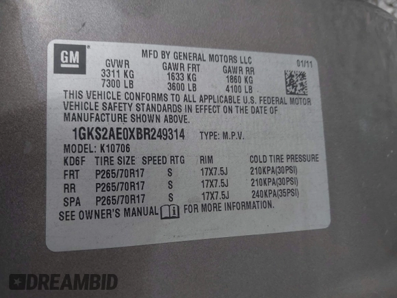2011 GMC Yukon SLE with VIN 1GKS2AE0XBR249314, listed as a IAAI auction lot 41451903 with 249,673 mi miles. Bid and sale history available at carsss.com. Image 9.
