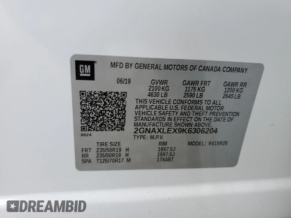 2019 Chevrolet Equinox LT with VIN 2GNAXLEX9K6306204, listed as a Copart auction lot 67981034 with 69,896 mi miles and Salvage Title. Bid and sale history available at DreamBid. Image 15.