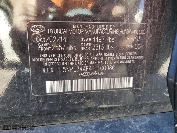 2015 Hyundai Sonata 2.4L Limited with VIN 5NPE34AF4FH100086, listed as a Copart auction lot 86267234 with 138,000 mi miles and Clean Title. Bid and sale history available at carsss.com. Image 12.