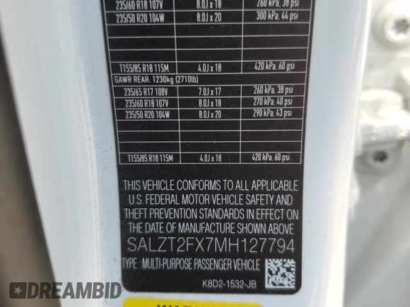 2021 Land Rover Range Rover Evoque R-Dynamic S z VIN SALZT2FX7MH127794, wystawiony jako Copart lot #54184595 z przebiegiem 50 087 mil mil oraz Czysty tytuł • Clean title. Historia ofert i sprzedaży dostępna na DreamBid. Obrazek 13.