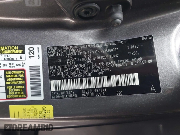 2016 Toyota Sienna XLE with VIN 5TDYK3DCXGS737846, listed as a IAAI auction lot 41782055 with 126,846 mi miles. Bid and sale history available at carsss.com. Image 9.