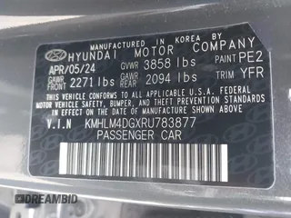 2024 Hyundai Elantra SEL with VIN KMHLM4DGXRU783877, listed as a IAAI auction lot 41892547 with 2,350 mi miles and . Bid and sale history available at DreamBid. Image 9.
