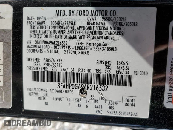 2010 Ford Fusion S with VIN 3FAHP0GA9AR216532, listed as a Copart auction lot 50365235 with 86,780 mi miles and Salvage Title. Bid and sale history available at carsss.com. Image 12.