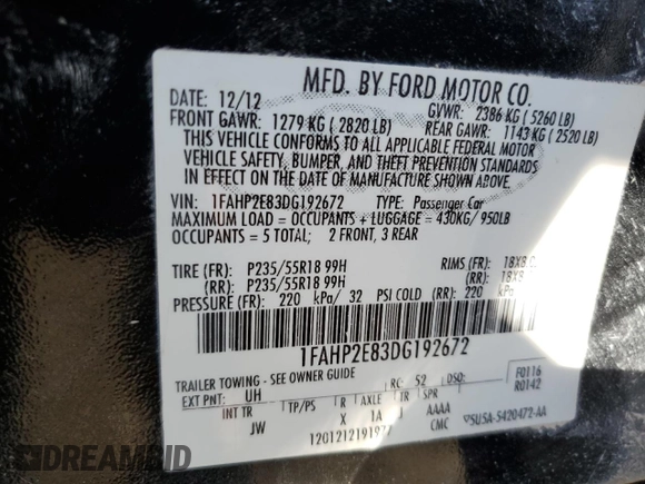 2013 Ford Taurus SEL with VIN 1FAHP2E83DG192672, listed as a Copart auction lot 48929905 with 162,646 mi miles and Salvage Title. Bid and sale history available at carsss.com. Image 12.