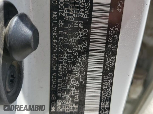 2020 Toyota Prius LE with VIN JTDL9RFU6L3022170, listed as a Copart auction lot 60688095 with Not provided miles and Salvage title. Bid and sale history available at DreamBid. Image 13.