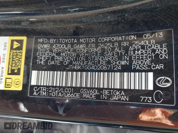 2013 Lexus ES 4dr Sdn with VIN JTHBK1GG4D2067124, listed as a IAAI auction lot 41668886 with 154,478 mi miles. Bid and sale history available at carsss.com. Image 9.