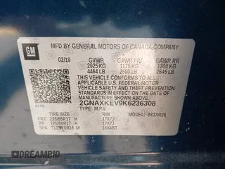 2019 Chevrolet Equinox LT with VIN 2GNAXKEV9K6236308, listed as a IAAI auction lot 42126656 with 106,074 mi miles and . Bid and sale history available at DreamBid. Image 9.