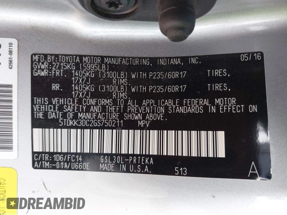 2016 Toyota Sienna LE AAS with VIN 5TDKK3DC2GS750211, listed as a IAAI auction lot 41444073 with 120,185 mi miles and . Bid and sale history available at DreamBid. Image 9.