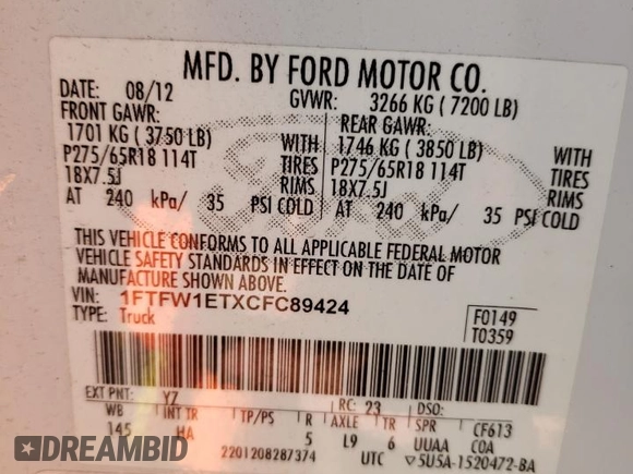 2012 Ford F-150 XL with VIN 1FTFW1ETXCFC89424, listed as a Copart auction lot 87043494 with Not provided miles and Salvage title. Bid and sale history available at DreamBid. Image 14.