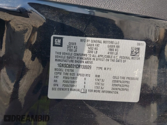 2012 Chevrolet Tahoe LT with VIN 1GNSCBE01CR130929, listed as a IAAI auction lot 42342129 with 234,628 mi miles and . Bid and sale history available at DreamBid. Image 9.