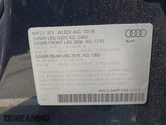 2016 Audi Q5 Premium Plus z VIN WA1L2AFP1GA121331, wystawiony jako IAAI lot #42416800 z przebiegiem 100 147 mil mil oraz . Historia ofert i sprzedaży dostępna na DreamBid. Obrazek 9.